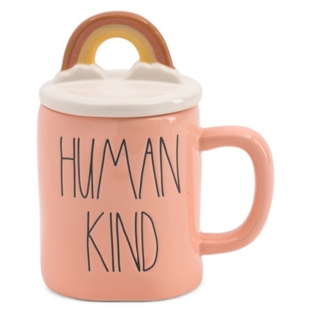 NIB! Rae Dunn Blush Human Kind Figural Cereal Coffee Mug w/ Rainbow Topper!